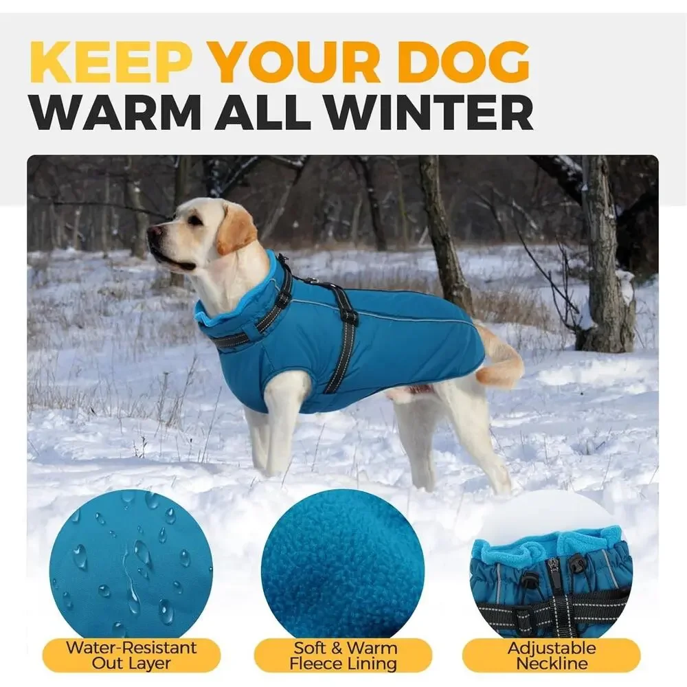 Lelepet Dog Jacket Built-In Harness Winter Coat Medium Blue Reflective Fleece‎